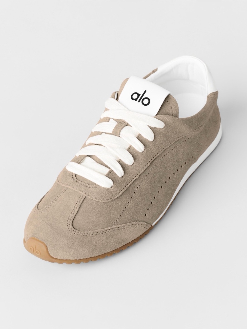 ALO Yoga Suede Sneaker in Gravel / Taupe with White Laces